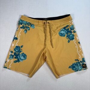 BIllabong Wrangler 8" Board Shorts Mens 33 Yellow Floral Unlined Drawstring Swim